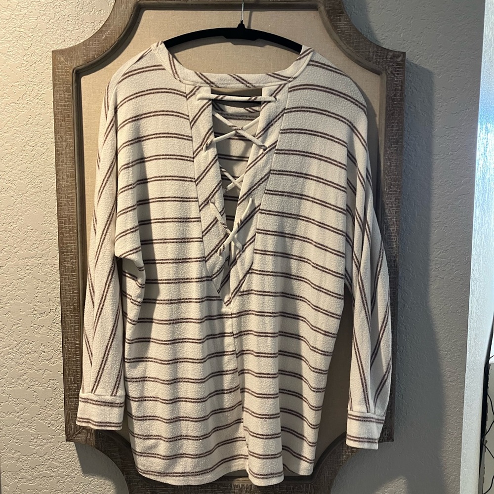 Striped Cream and Maroon Colored Long Sleeve, Open Back Sweater